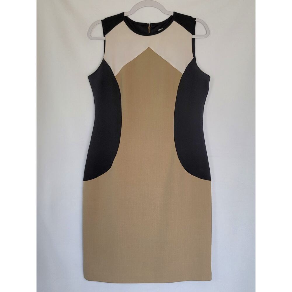 Classic DressBarn Colorblock Black Tan White Sheath Midi Dress Women's Size 8 - Picture 2 of 9
